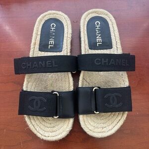 CHANEL Black Double-Strap Espadrille Slide Sandals